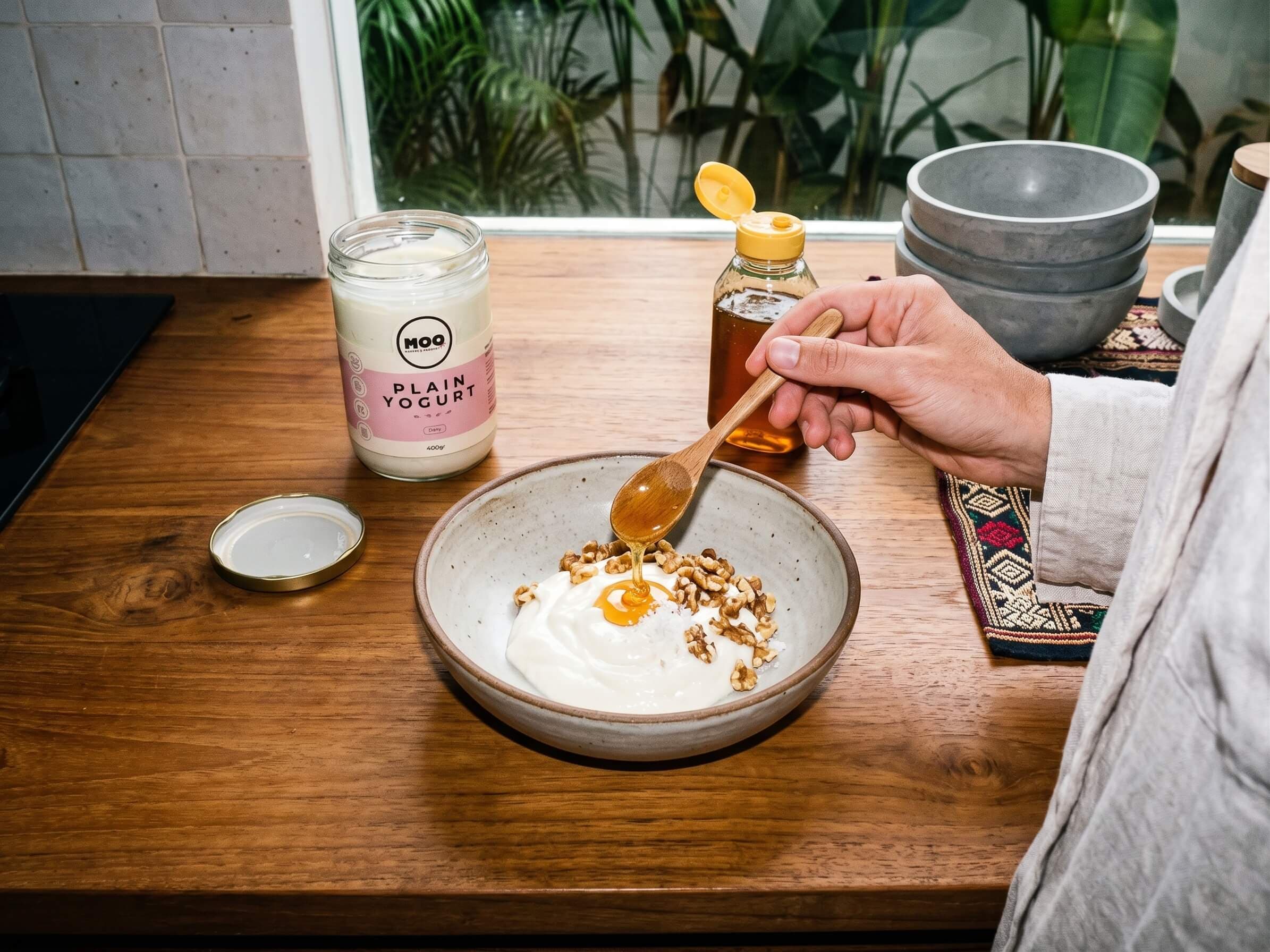 Plain yogurt, warm honey